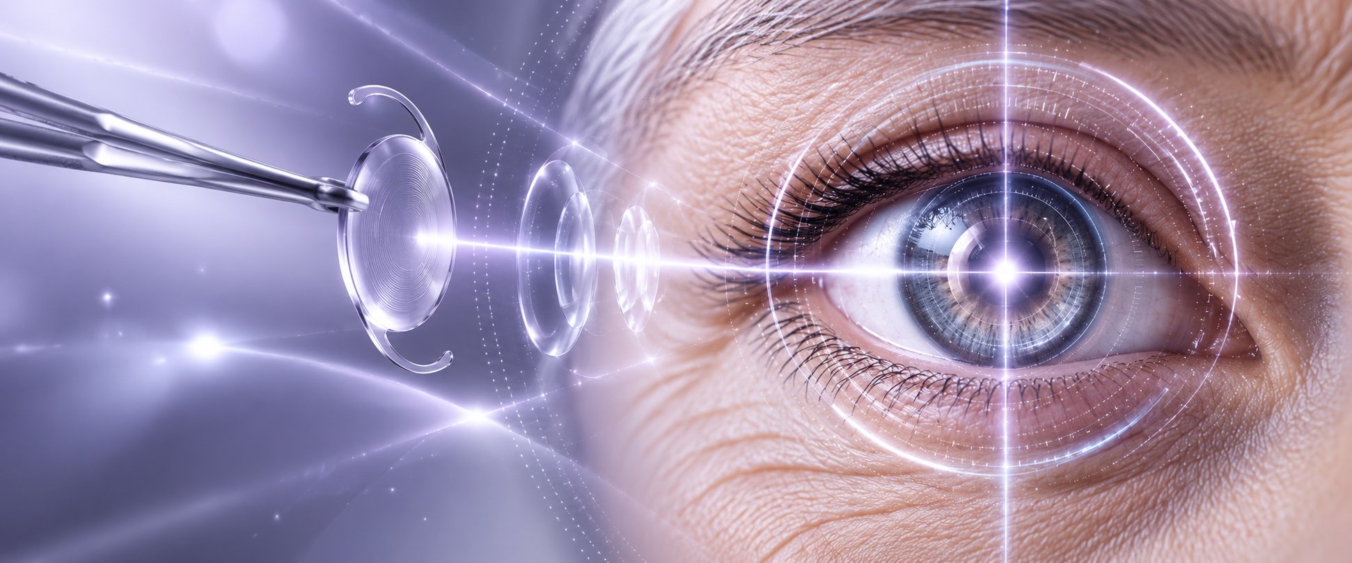 핀셋으로 집은 인공수정체와 눈을 크게 확대해 표현한 이미지