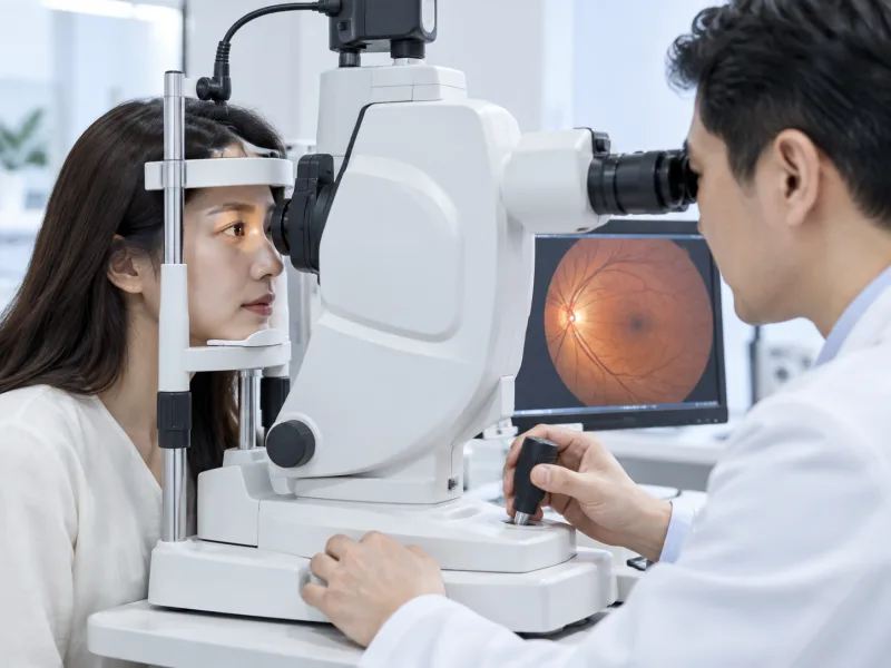 산동 후 세극등현미경으로 안저를 촬영하는 안저검사 장면